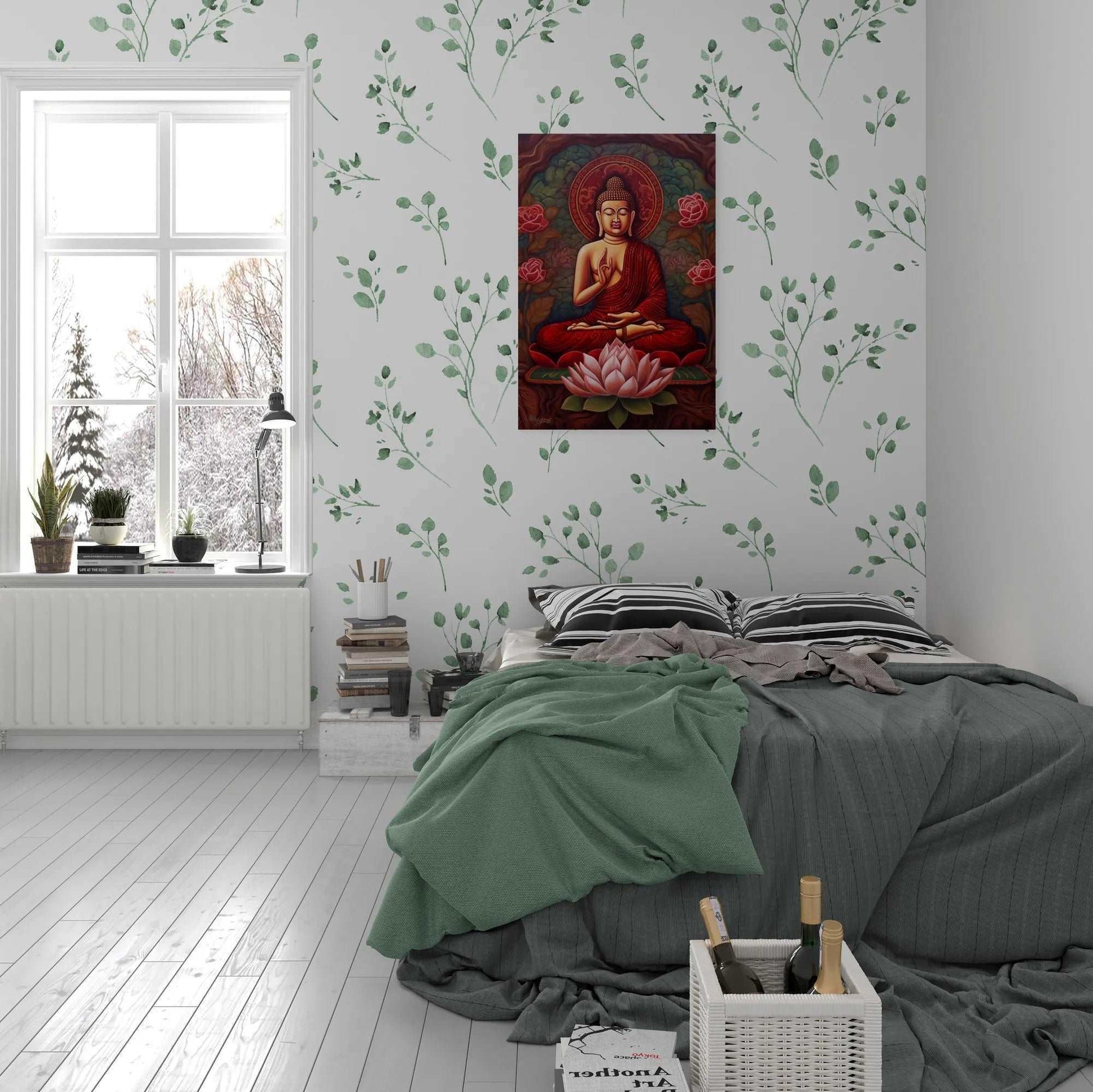 Red and gold seated Buddha painting with a prominent lotus, adding a touch of serenity to a bedroom with leaf-patterned wallpaper, snowy outside view, and soft bedding.