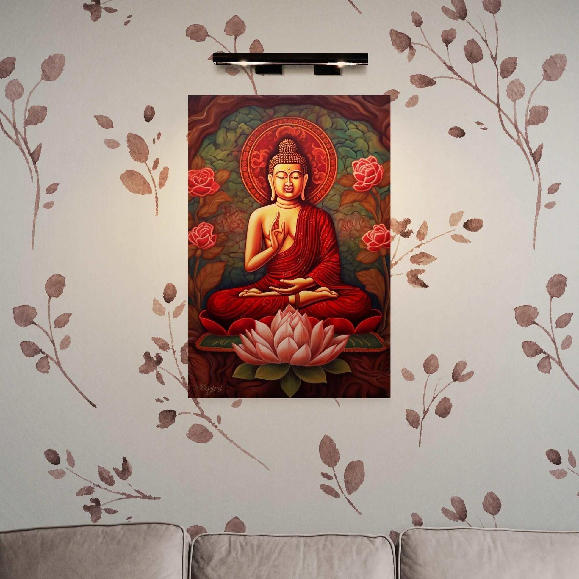 Warmly lit red and gold Buddha painting with roses and a lotus, creating a tranquil ambiance in a living room with leafy branch patterns on the walls and a soft couch.