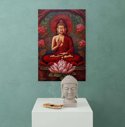 Seated Buddha in red and gold with a lotus flower painting enhances a calming blue wall, complemented by a Buddha head sculpture and incense, creating a zen meditation corner.