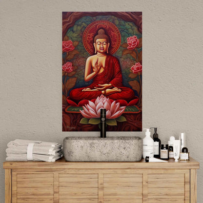 ZenArtBliss.com's sitting buddha print with a lotus flower, capturing the essence of Buddha in rich red and pink tones on matte paper.