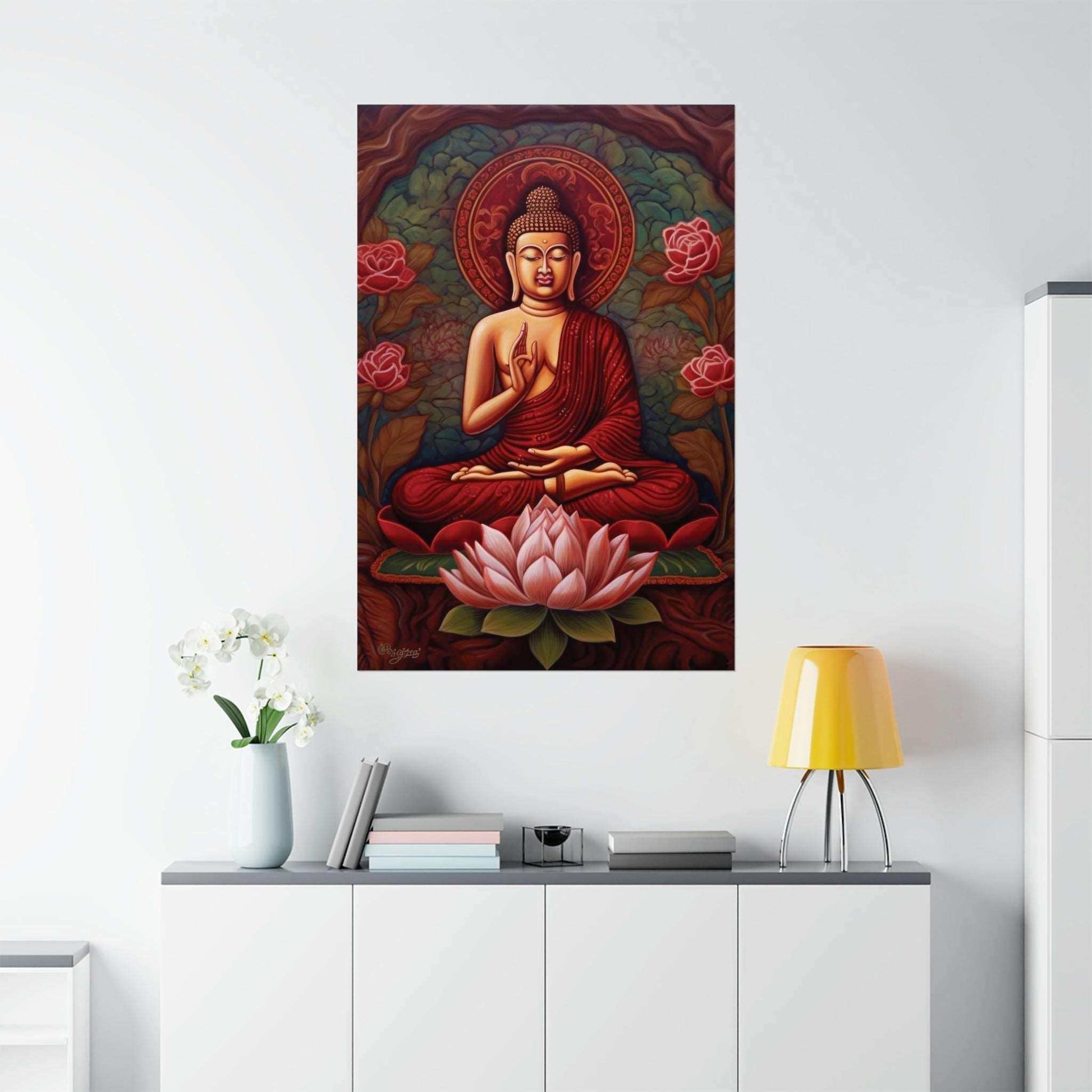 ZenArtBliss.com's sitting buddha print with a lotus flower, capturing the essence of Buddha in rich red and pink tones on matte paper.
