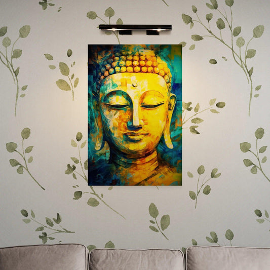 An expressive Buddha painting adorns the wall above a light grey couch, its radiant hues of gold, yellow, and blue adding a splash of color and serenity to the room. Surrounding the painting, a tasteful wallpaper with delicate green leaf patterns enhances the tranquil and reflective atmosphere of the space.