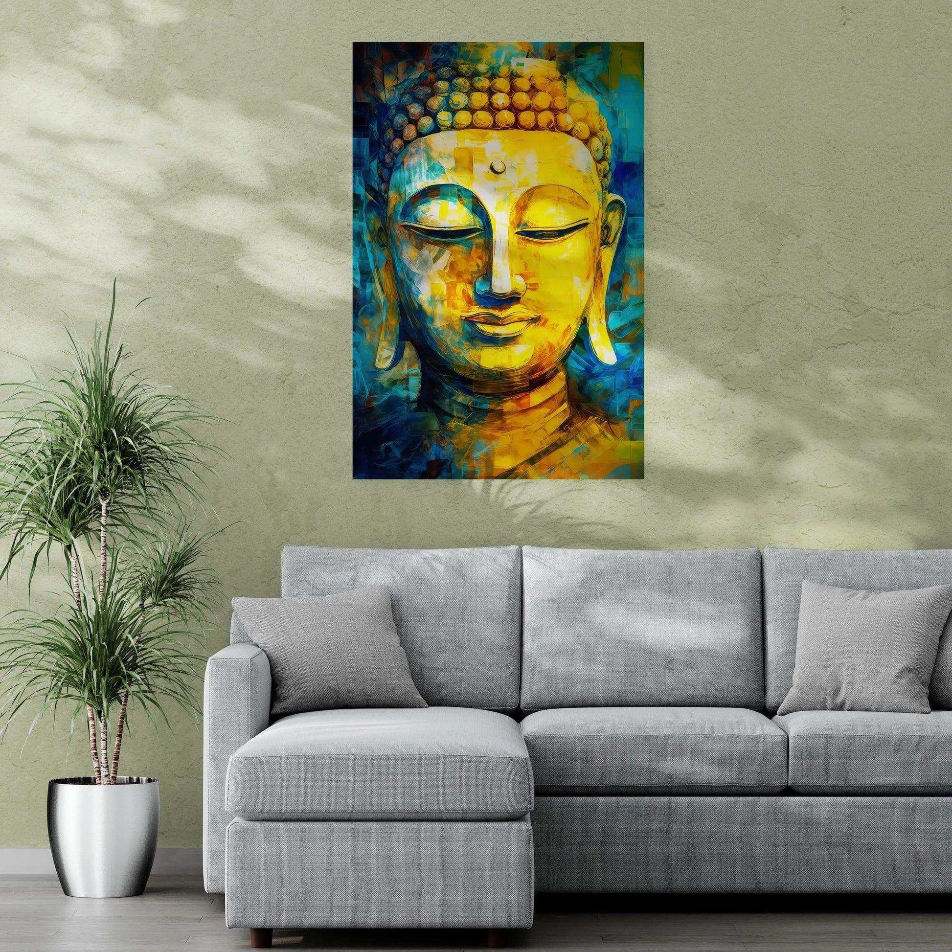 A vibrant Buddha painting in bold yellow and blue tones hangs on a textured yellow wall, complementing the lush green potted plant beside a modern grey sectional sofa, contributing a serene and contemplative ambiance to the living space.
