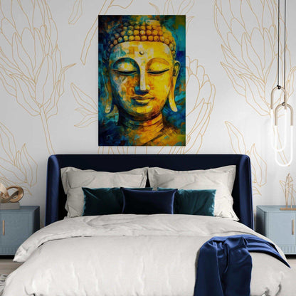 A captivating and colorful Buddha painting, with shades of yellow, gold, and blue, adorns the wall above a navy blue bed with coordinating bedding, creating a focal point of peace and meditation in this modern bedroom design.