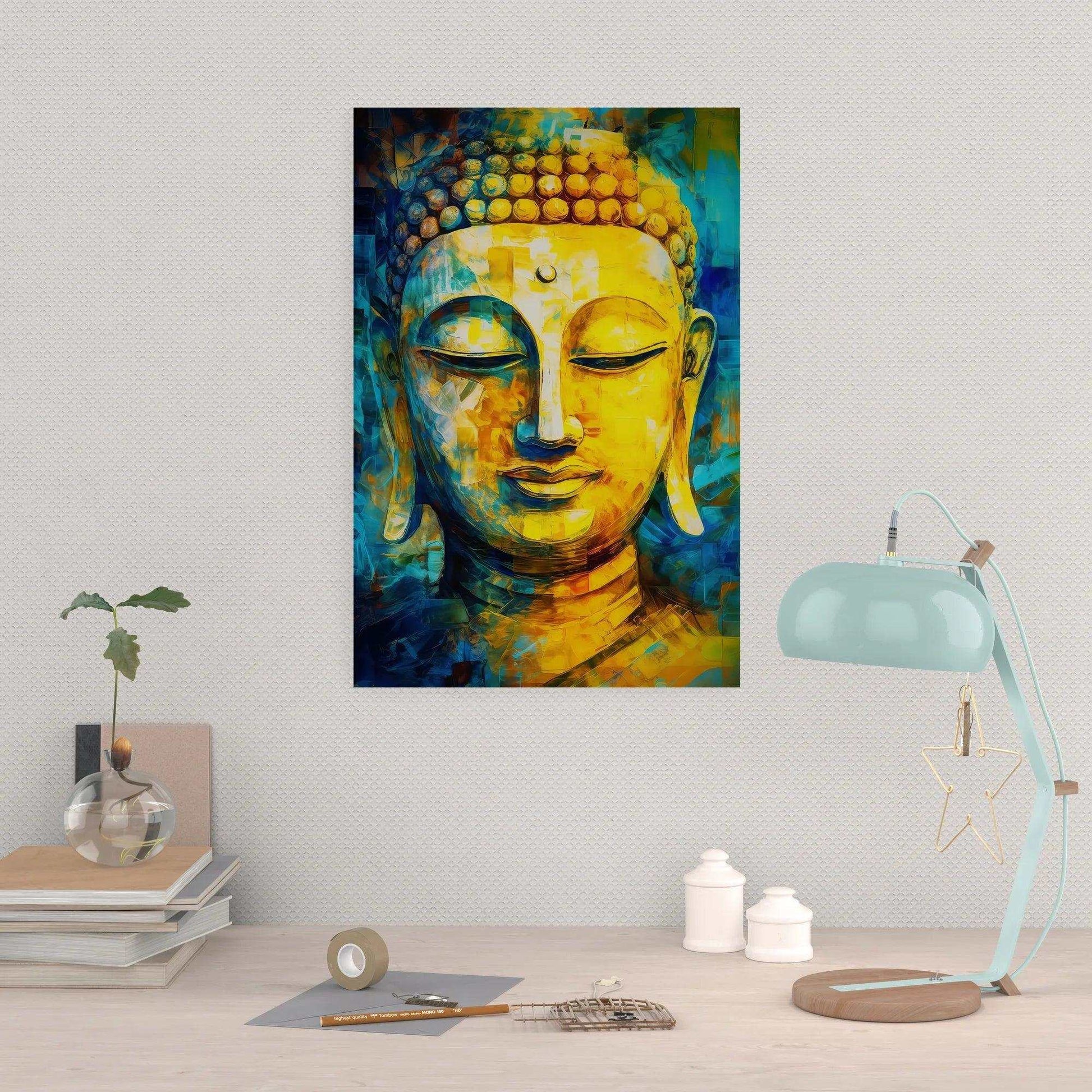 A vibrant Buddha painting with golden and blue tones hangs on a white wall, complementing a modern workspace that includes a pastel blue desk lamp, a stack of books, and minimalist decor.