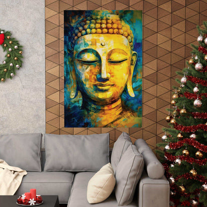 Colorful Buddha painting with warm yellow and blue hues, placed on a textured wall between a decorated Christmas tree and a festive wreath, complementing a cozy living room setup with a grey couch.