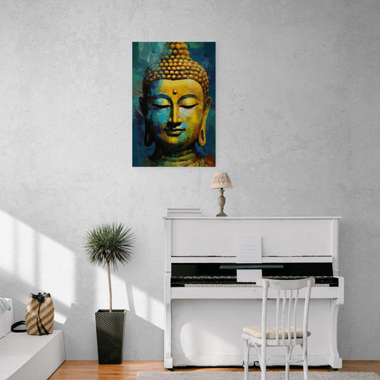 Minimalistic living room with an elegant white piano against a textured wall, complemented by a colorful Buddha painting above, a potted palm to the side, and sunlight casting gentle shadows, creating a cultured and serene environment.