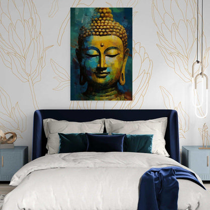 Modern bedroom featuring a vibrant, abstract Buddha painting over a deep blue upholstered bed, accented with plush pillows, a silky throw, and minimalist bedside tables, all against a wall adorned with leafy, gold line art, conveying a tranquil yet chic atmosphere.