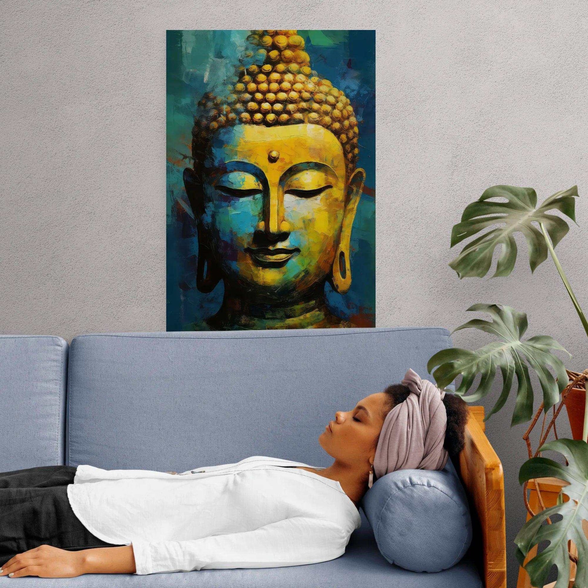 "Relaxed home atmosphere with a woman resting on a blue sofa under a colorful, impressionistic Buddha portrait with a serene expression, complemented by a tropical Monstera plant, embodying a peaceful and contemplative space."
