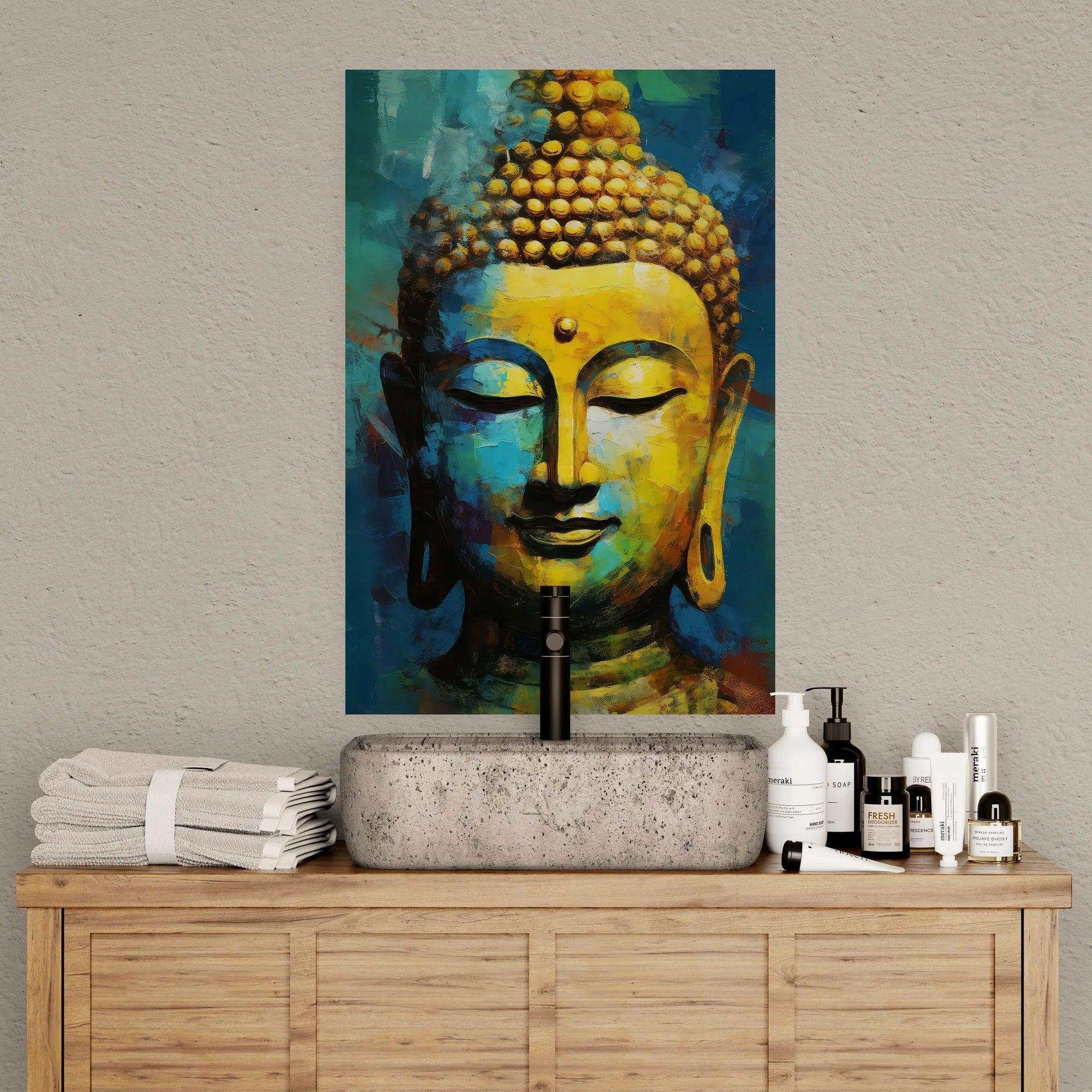 A tranquil bathroom setting featuring a stone countertop with skincare products and a modern bowl sink, complemented by a vibrant Buddha portrait with warm golden and blue hues, bringing a serene and contemplative ambiance to the space.