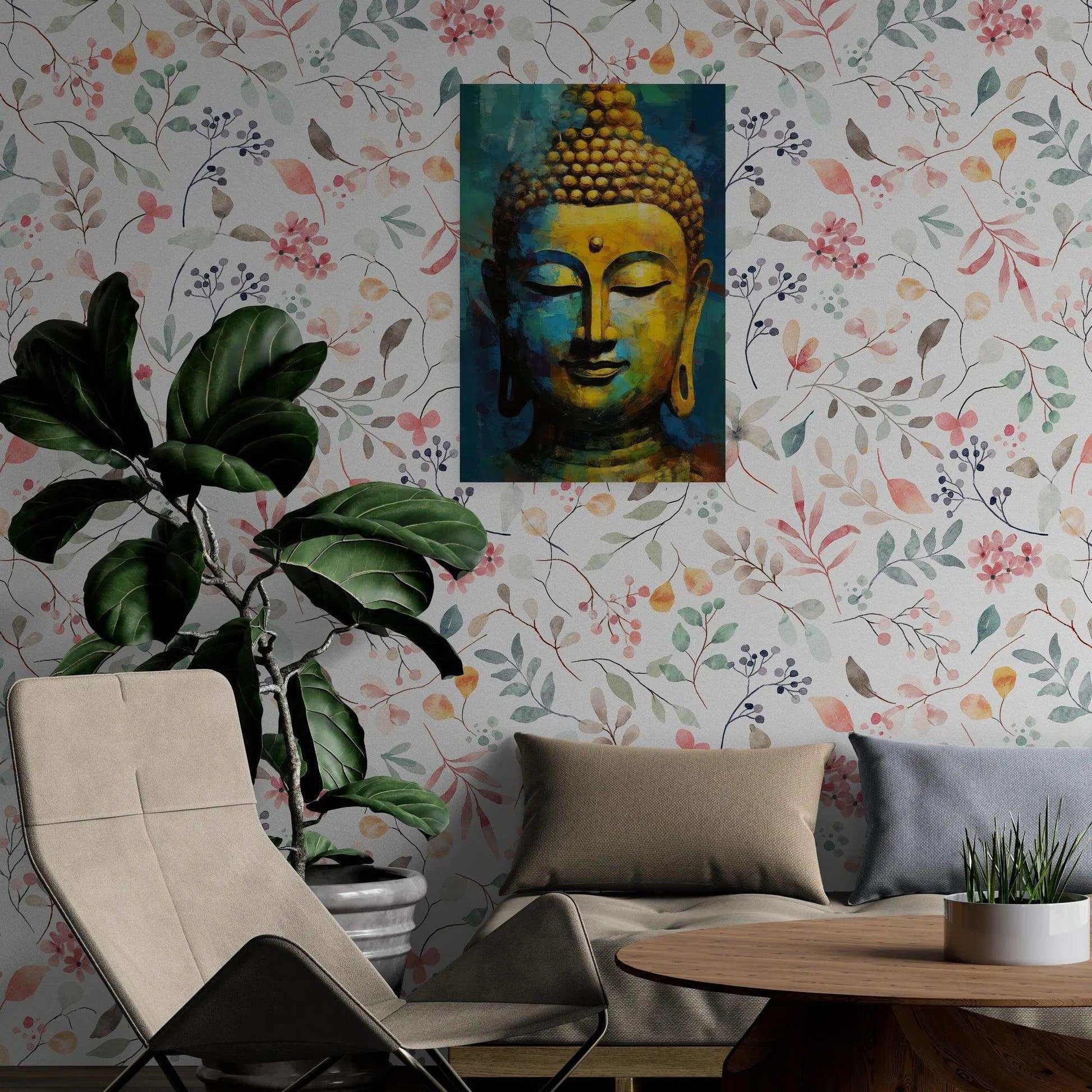 A cozy reading nook is brightened by the vibrant colors of a Buddha portrait on the wall, featuring rich gold and blue tones. A lush green plant, a comfortable beige armchair with cushions, and a simple wooden table with a pot of grass create a peaceful and welcoming space for relaxation and reflection.