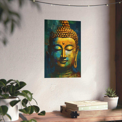 A serene corner is adorned with a striking Buddha portrait, awash in warm golden and tranquil blue hues, that commands attention on a white wall adorned with string lights. A wooden surface holds a potted plant with lush foliage and a book titled 'YOUR WAY HOME', suggesting a space of contemplation and personal growth.