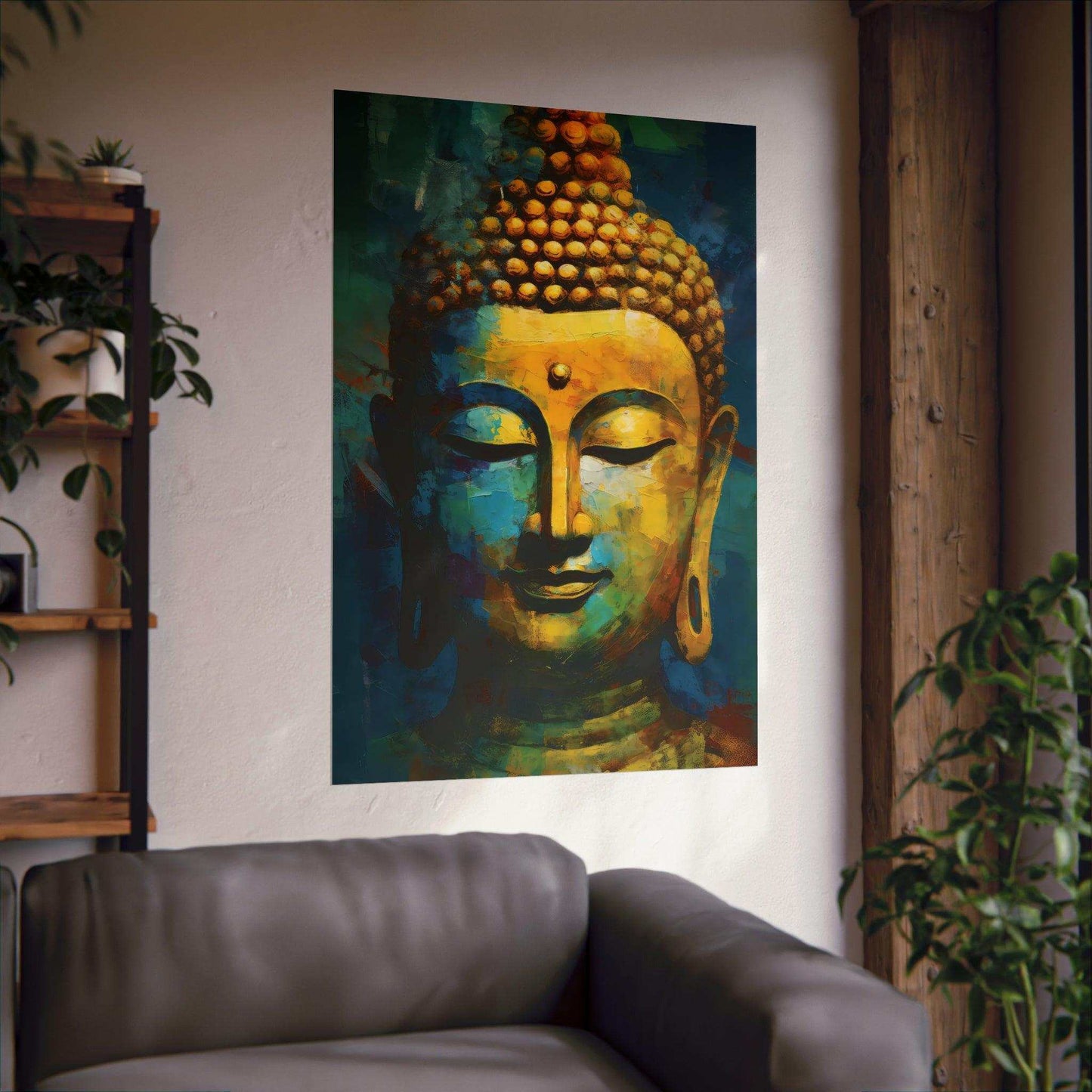 A vibrant Buddha portrait is featured against a cream wall, the artwork's golden and blue tones catching the ambient light. Below, a dark grey sofa invites relaxation, and to the side, a wooden bookshelf with green plants brings a touch of nature indoors, creating a peaceful and meditative space.