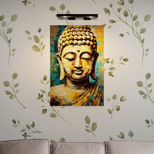 Artistic poster of Buddha in golden tones with touches of teal and amber, mounted above a gray sofa against a wall with delicate green leaf motifs, illuminated by an overhead light fixture.