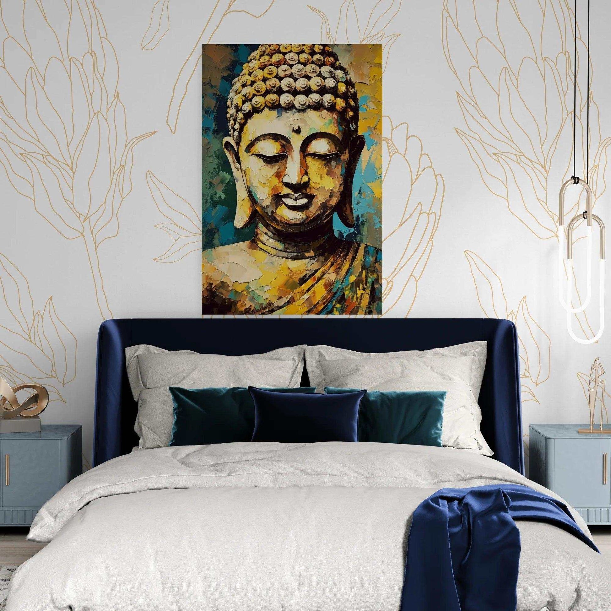 Vibrant poster of Buddha's face with abstract golden and teal brushstrokes, positioned above a navy blue bed with matching and contrasting pillows, flanked by stylized line art on the wall.