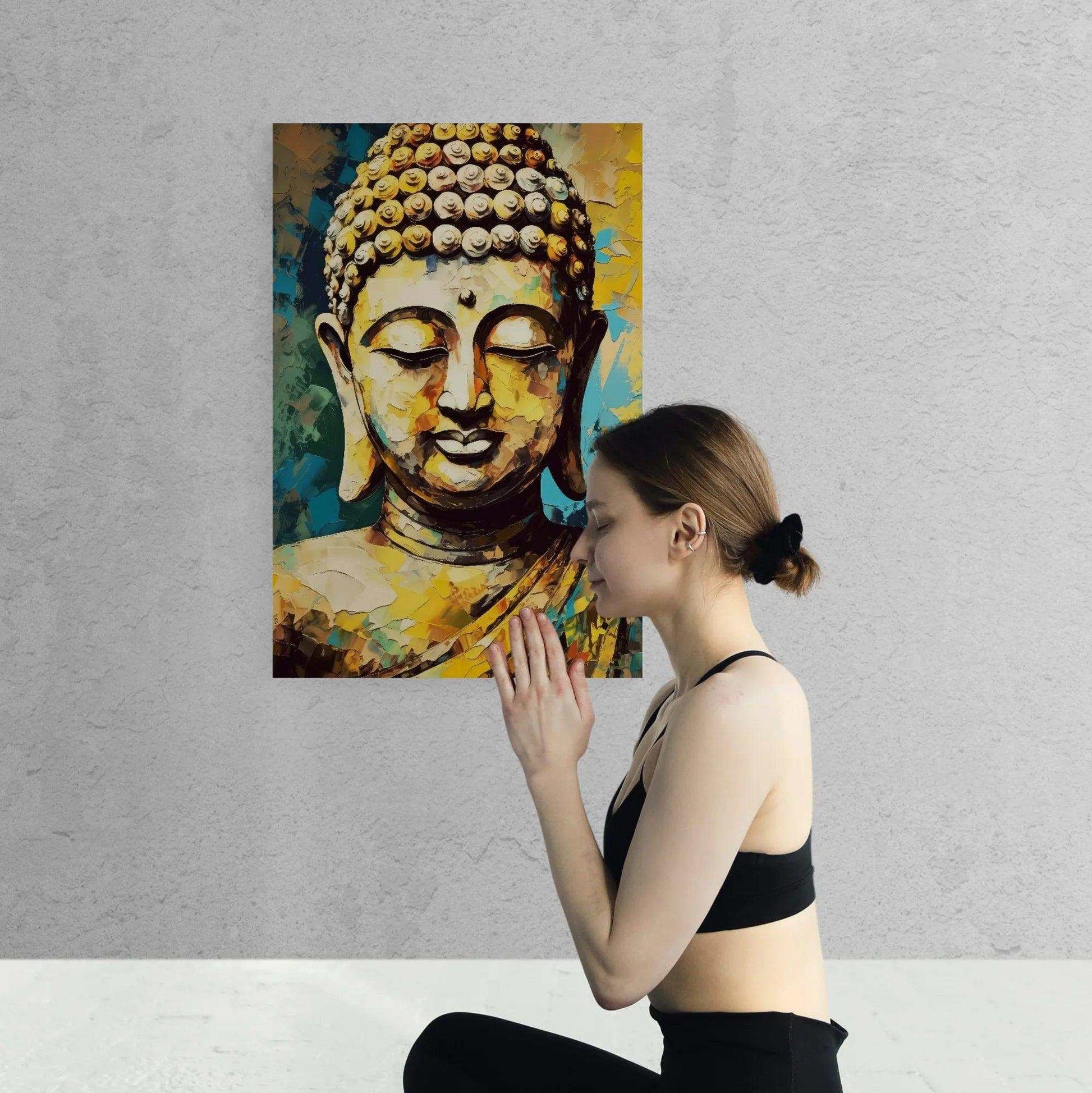 Woman in a black top kneeling and practicing mindfulness in front of a colorful abstract Buddha poster with rich yellow, gold, and teal tones on a textured white wall.