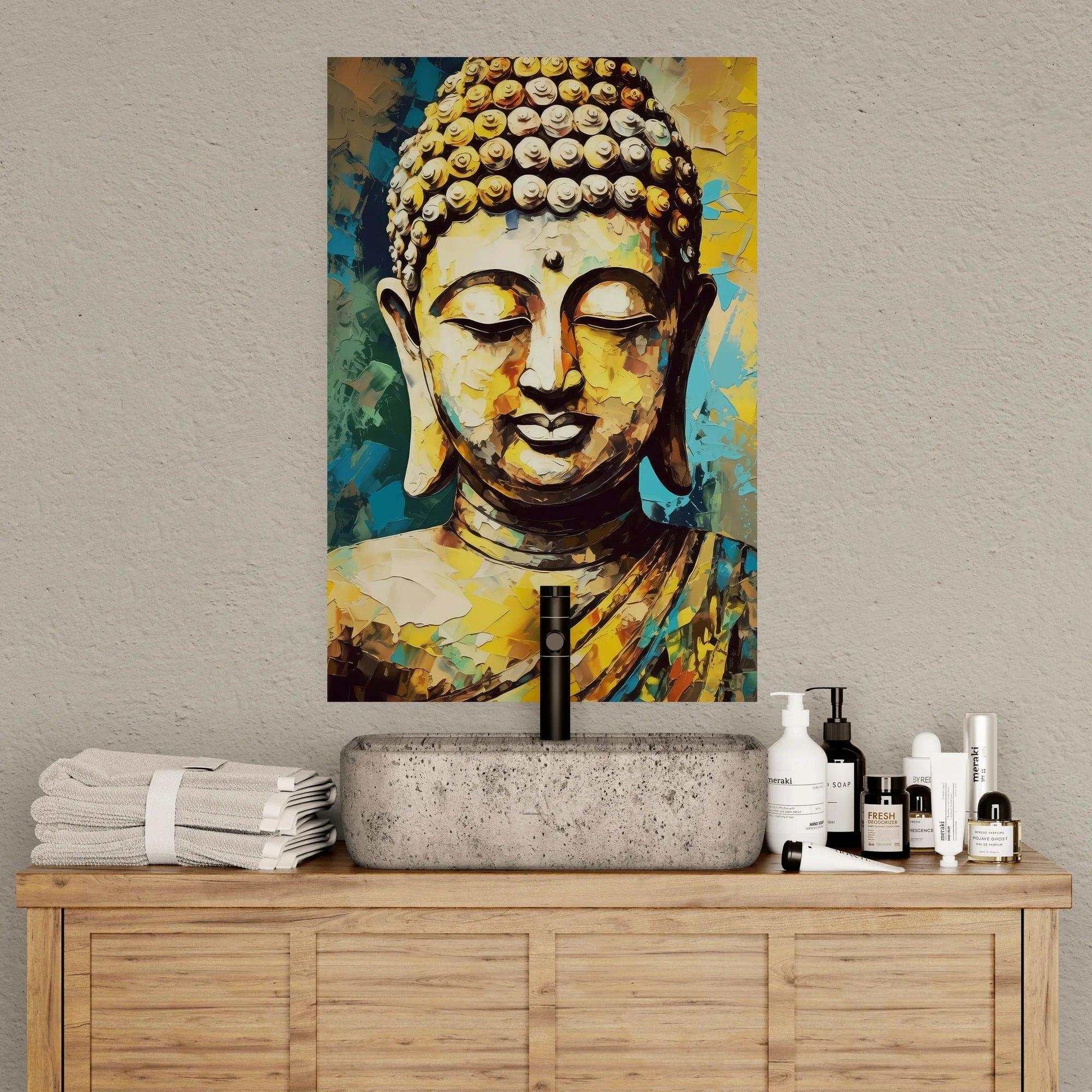 A vibrant Buddha poster in yellow, gold, and aqua tones hangs above a modern bathroom sink on a wooden vanity with neatly folded towels and a selection of black and white toiletry bottles.