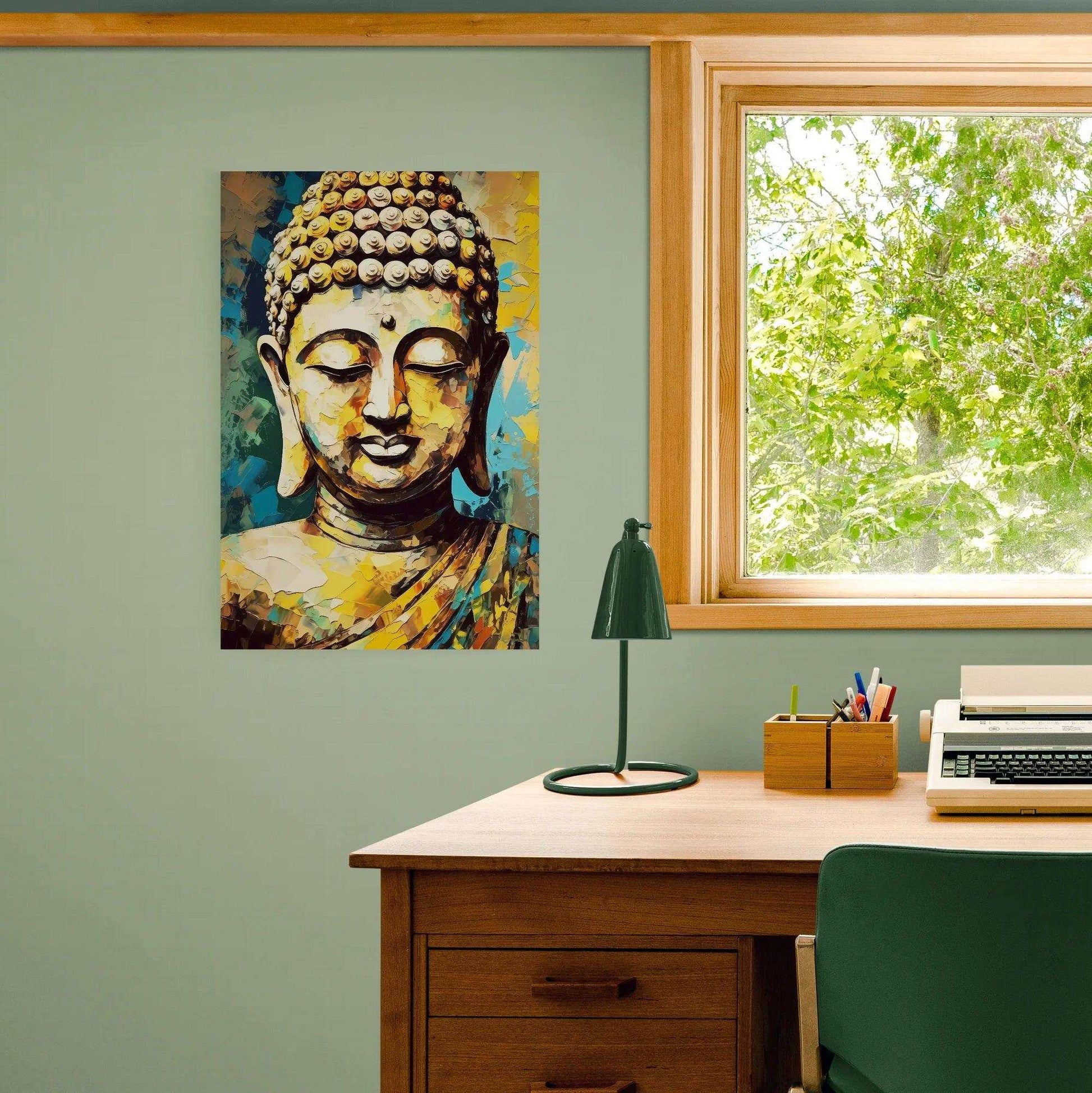 Colorful Buddha artwork displayed on a sage green wall beside a window with a view of lush greenery, over a wooden desk with a green lamp, stationery holder, and a vintage typewriter.