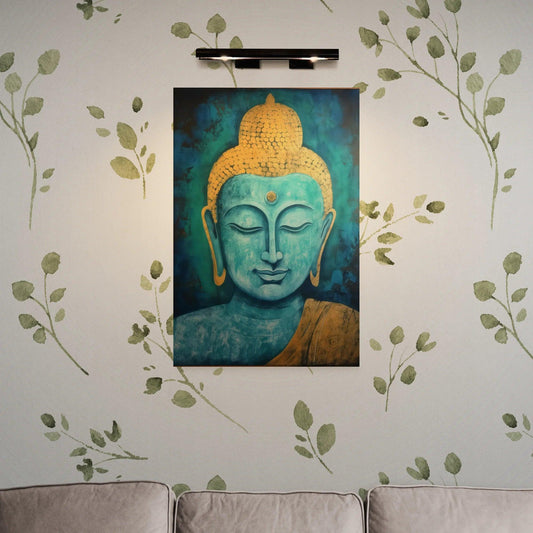 "A serene living room atmosphere is enhanced by a large Buddha painting in blue and golden hues, centered on a subtly textured wall adorned with delicate green leaf motifs, flanked by soft gray sofas, creating a tranquil and meditative space."