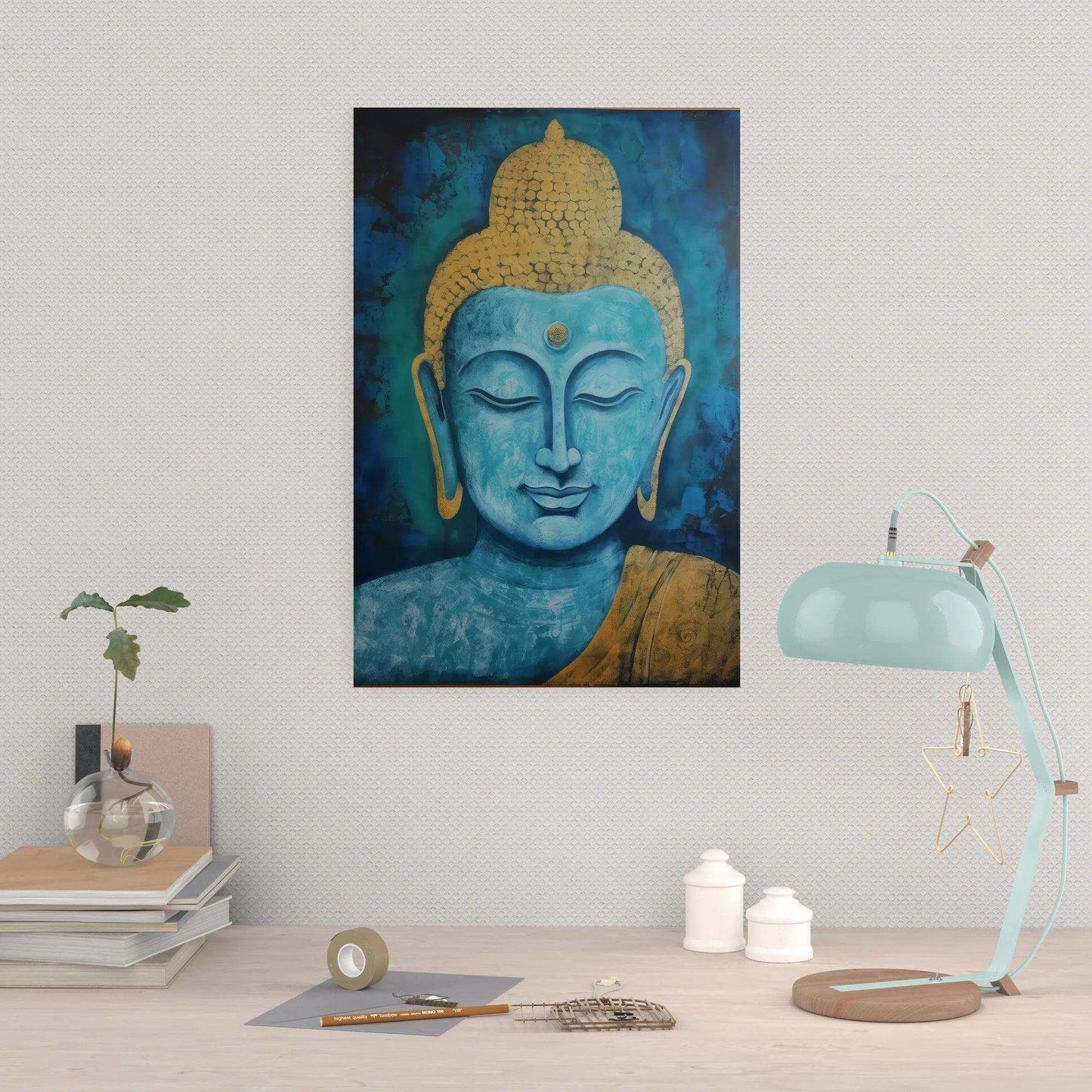 A calming workspace is accented by a textured wall hanging a blue and gold Buddha painting above a neat desk, with decorative items including a modern lamp, a glass vase with a young plant, and stationary, harmoniously blending mindfulness into daily life.