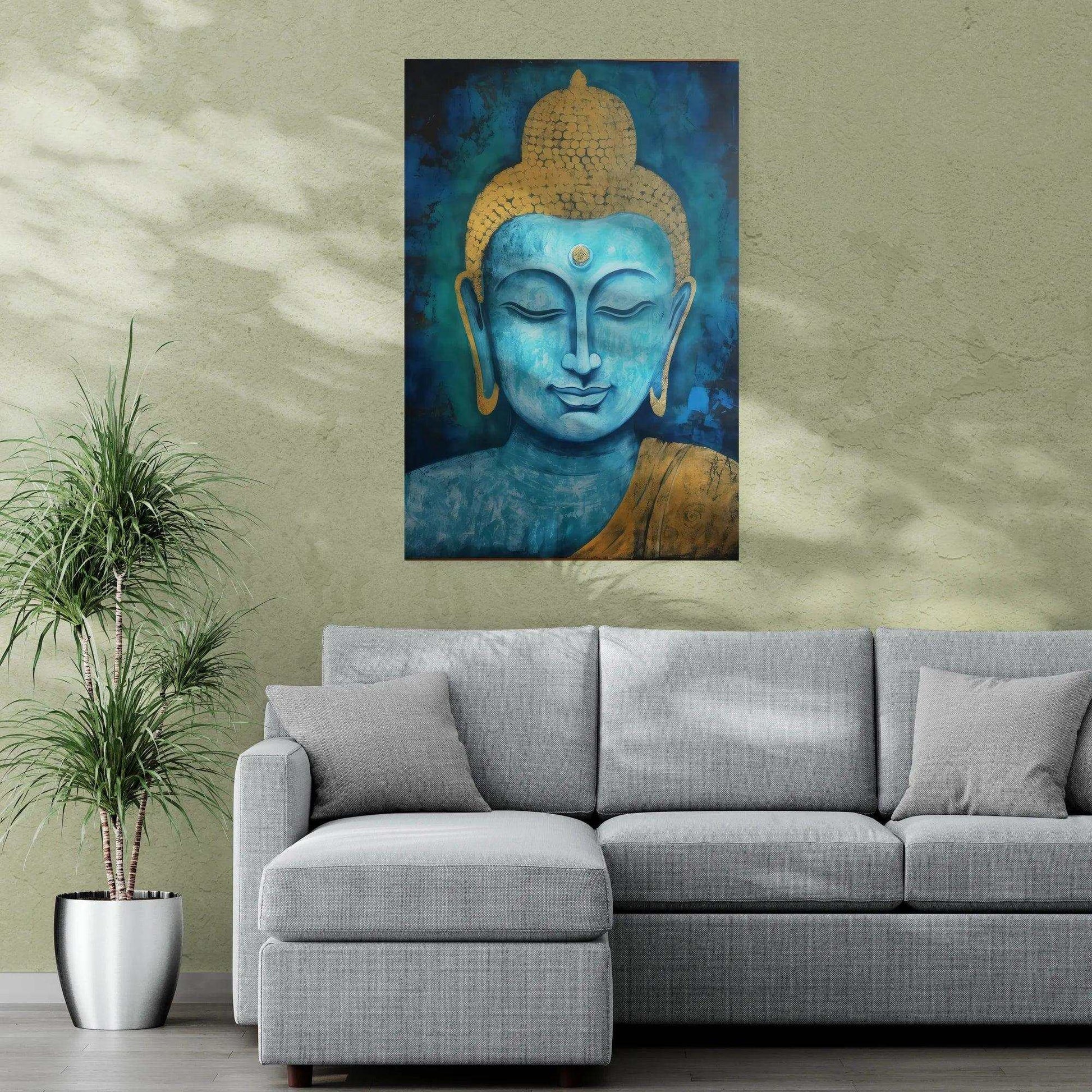 A vibrant Buddha portrait with blue and gold tones creates a focal point above a modern light gray sectional sofa, with a tall green potted plant adding a touch of natural vitality to the soothing and stylish living space.