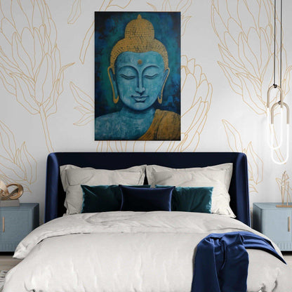 Contemporary bedroom featuring a large blue and gold Buddha painting above a navy blue upholstered bed, complemented by matching nightstands, teal pillows, and a sleek pendant light, creating a serene and elegant atmosphere.