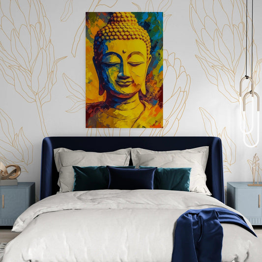 Vivid Buddha painting in a modern bedroom, featuring bold yellow and blue colors, above a navy blue bed with silk throw and teal pillows, against a backdrop of hand-drawn golden leaves on a white wall, illuminated by a sleek pendant light.