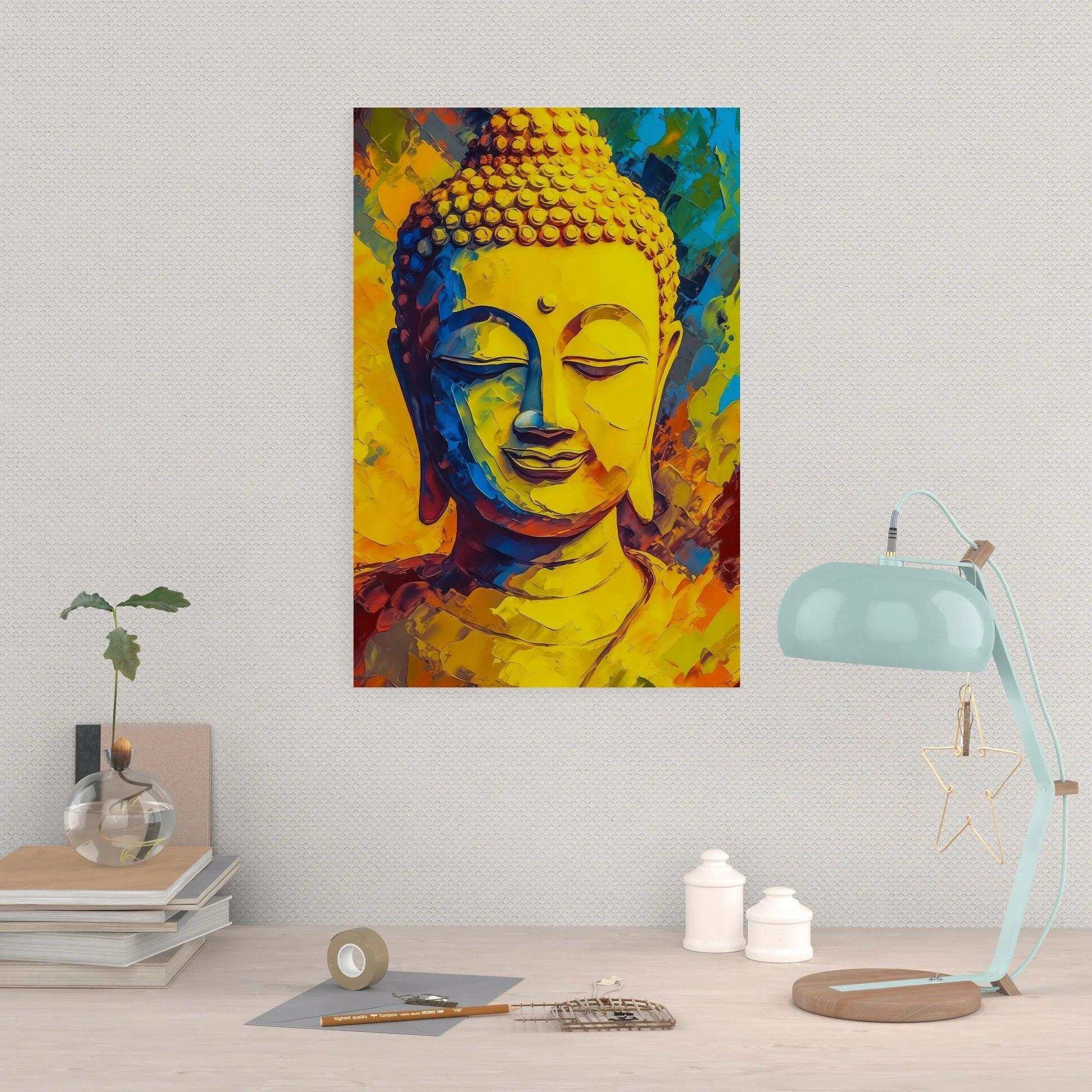 A vividly colored Buddha portrait with expressive yellow and orange tones hangs above a minimalist workspace with books, a vase with a young plant, and a turquoise lamp with a dangling star ornament.