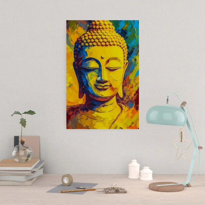 A vividly colored Buddha portrait with expressive yellow and orange tones hangs above a minimalist workspace with books, a vase with a young plant, and a turquoise lamp with a dangling star ornament.