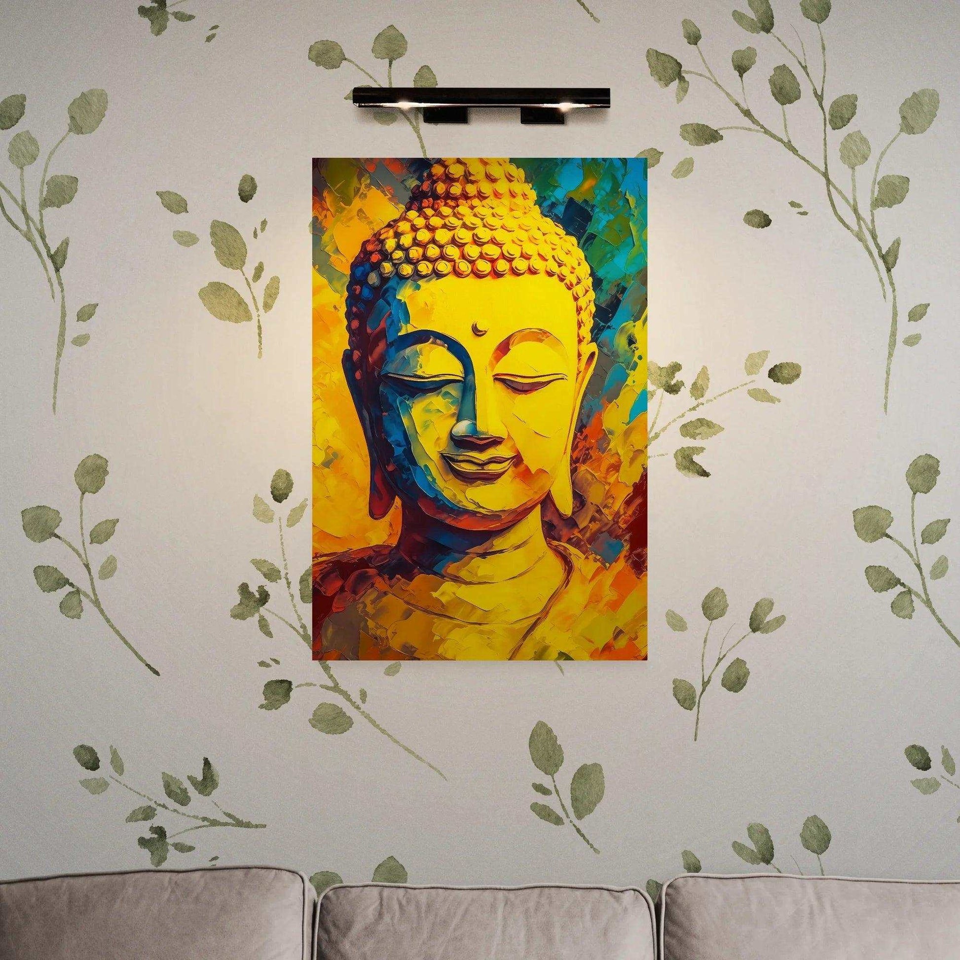 A vibrant portrait of Buddha with a serene expression in rich yellow, orange, and blue hues is mounted on a wall decorated with hand-painted green leaves, above a light grey sofa.