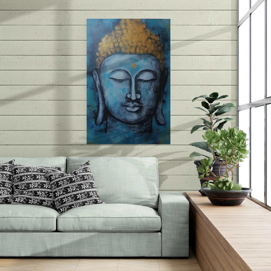 A Buddha painting creates a focal point in a bright living room with comfortable seating and lush indoor plants.