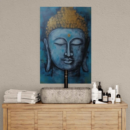 Blue and gold Buddha painting enhances the zen feel of a bathroom with a stone sink and neatly folded towels on a wooden cabinet.