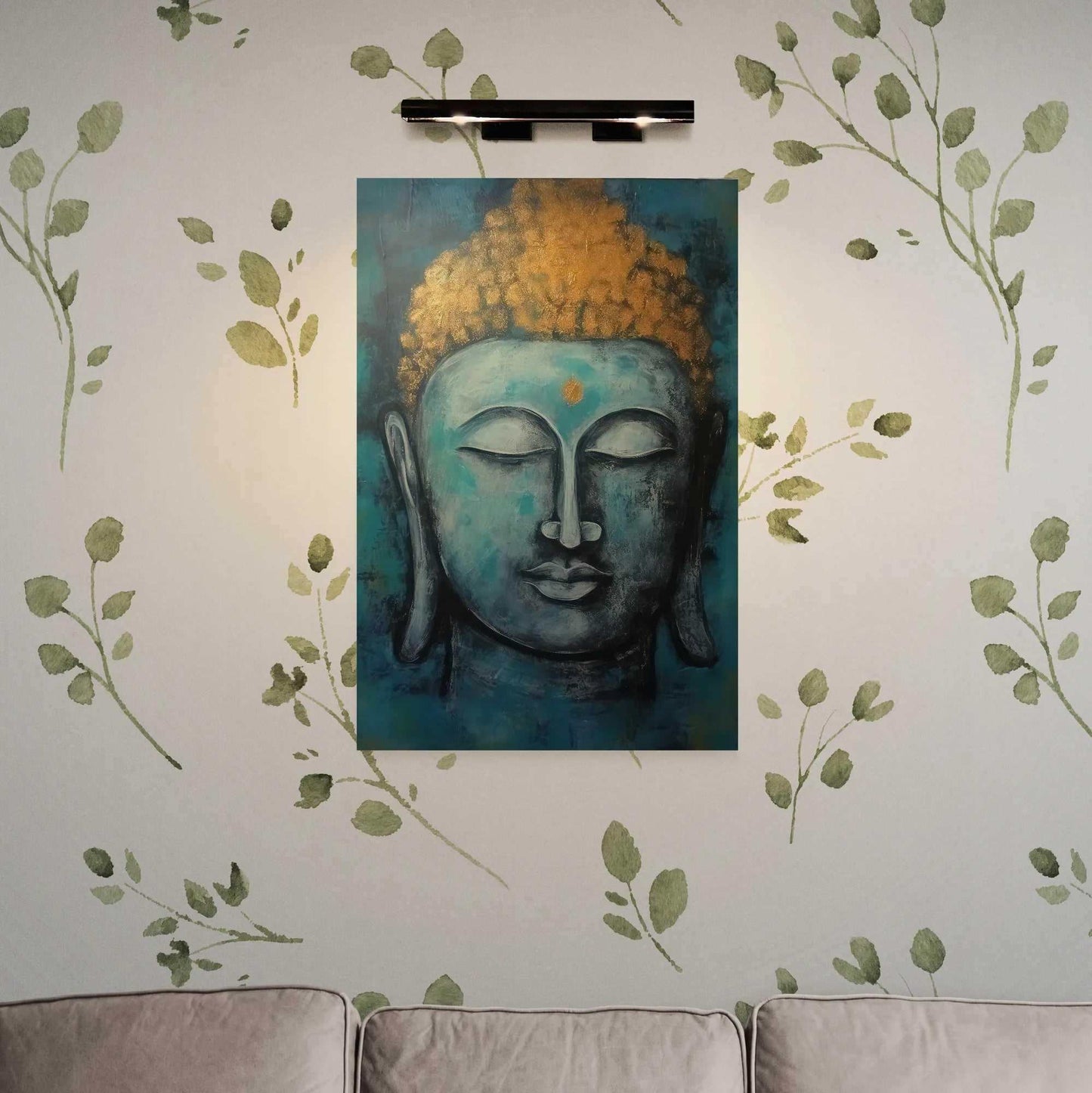 Buddha painting adorning a wall with leaf patterns, harmonizing with the natural theme in a cozy living space.
