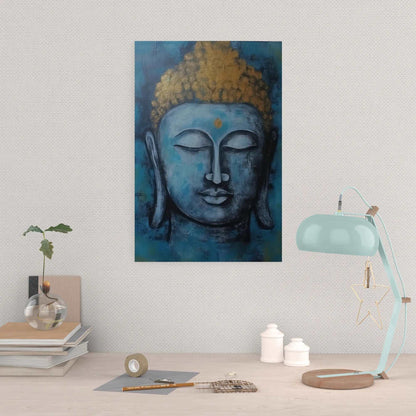 A work-from-home desk setup is complemented by a tranquil Buddha painting, blending spirituality with everyday life.