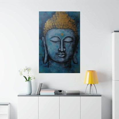 ZenArtBliss.com's Tibetan Buddha poster, featuring abstract hues of blue and gold on matte finish paper, inspired by traditional Tibetan art.