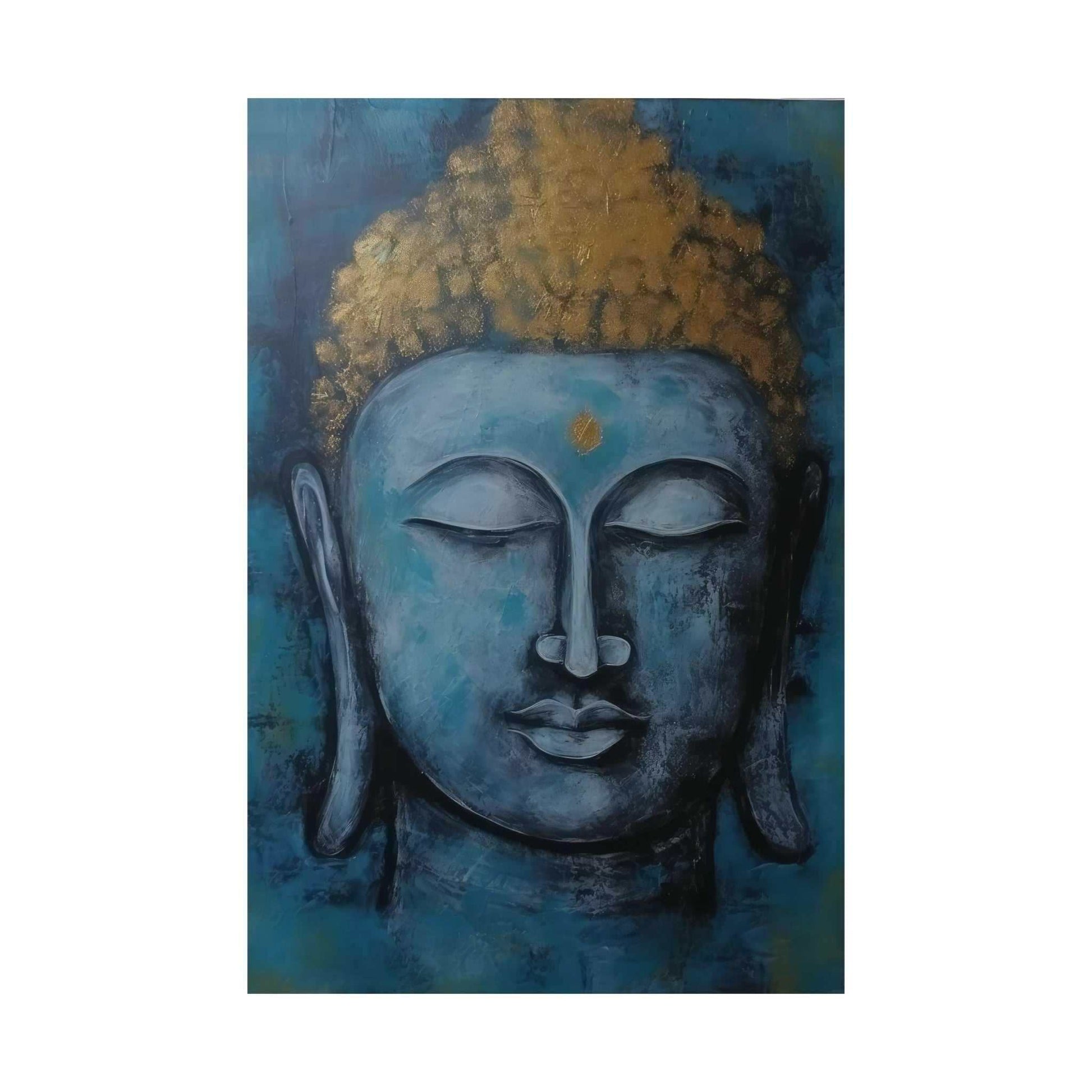 ZenArtBliss.com's Tibetan Buddha poster, featuring abstract hues of blue and gold on matte finish paper, inspired by traditional Tibetan art.