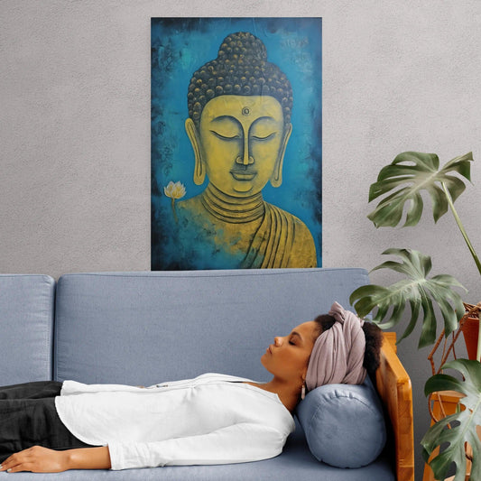 "In a serene living space, a woman lies in repose on a gray sofa, her head resting on a round pillow, with a large framed painting of Buddha in tranquil shades of blue and mustard yellow creating a focal point of calm and reflection on the wall behind her."