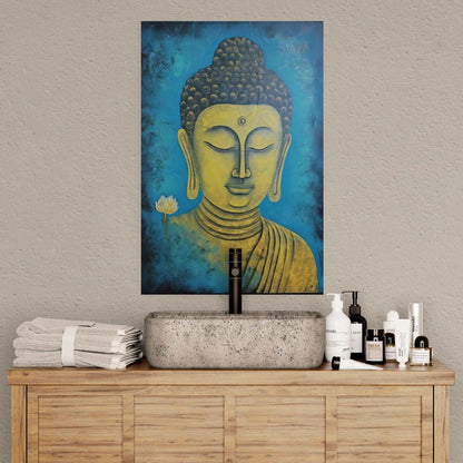 "Serene Buddha painting above a minimalist bathroom sink setup, depicting a golden-hued Buddha with a peaceful expression against a blue background adorned with a small white lotus, accompanied by neatly folded towels and assorted skincare products on a wooden surface."