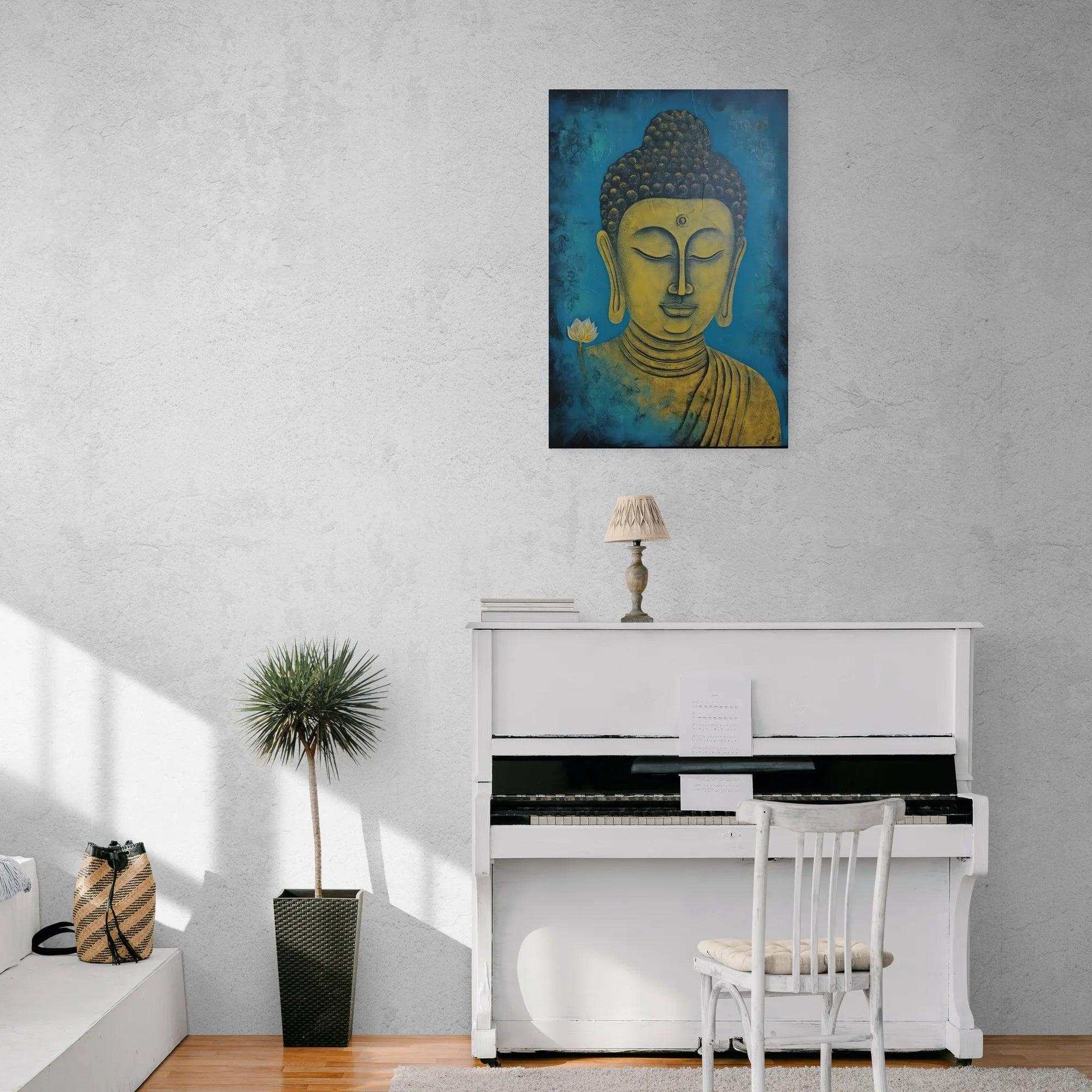 A serene blue and golden Buddha painting hung on a white textured wall above a white piano, flanked by a classic white chair, a wicker plant pot with a lush palm, and a lamp, contributing to a peaceful and creative atmosphere.