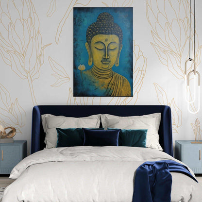 A vibrant portrait of Buddha in hues of blue and gold adorns the wall above a blue velvet headboard, adding a touch of calm and contemplation to a modern bedroom with white line-drawn botanical wallpaper, teal accent pillows, and elegant bedside tables.