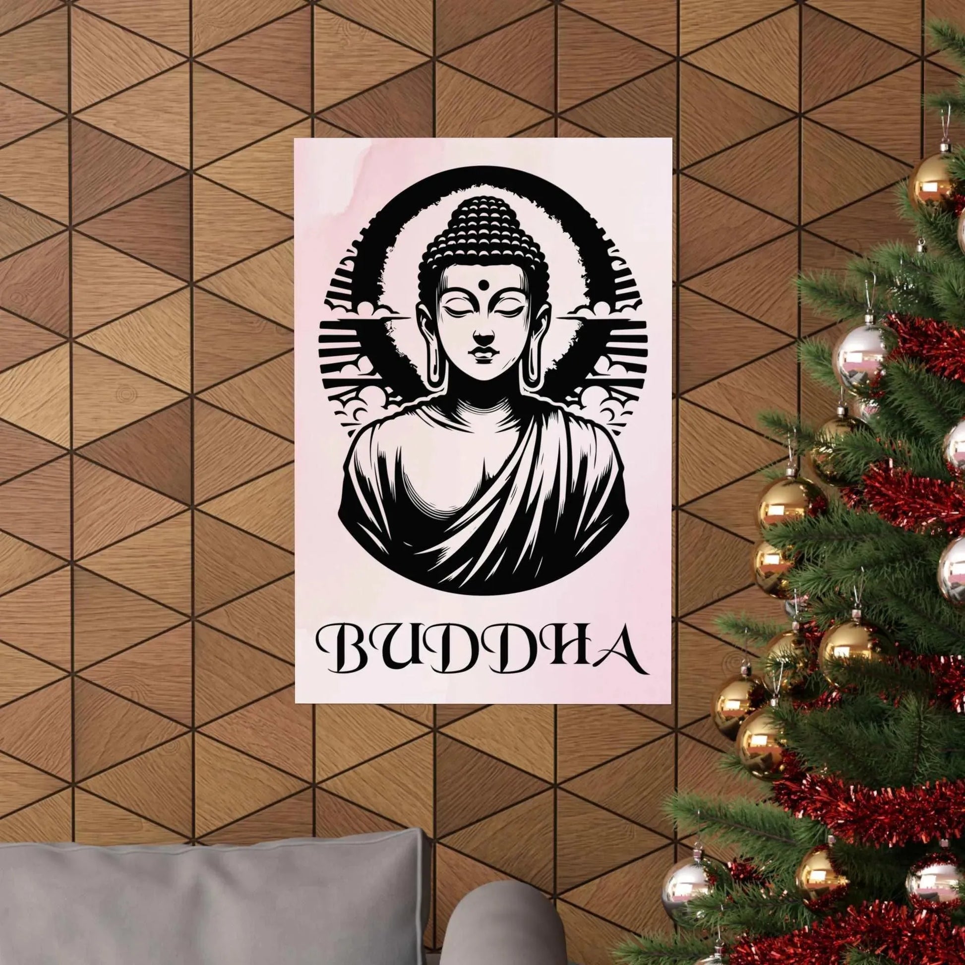 A "Timeless Buddha Poster" by Printify, showcasing an intricate halo design, enhances a geometric patterned wall. Below the image, the word "BUDDHA" is prominently displayed, symbolizing mindfulness and spiritual serenity. Adjacent to this piece is a Christmas tree adorned with red tinsel and gold ornaments that complements a gray chair, crafting a harmonious scene.