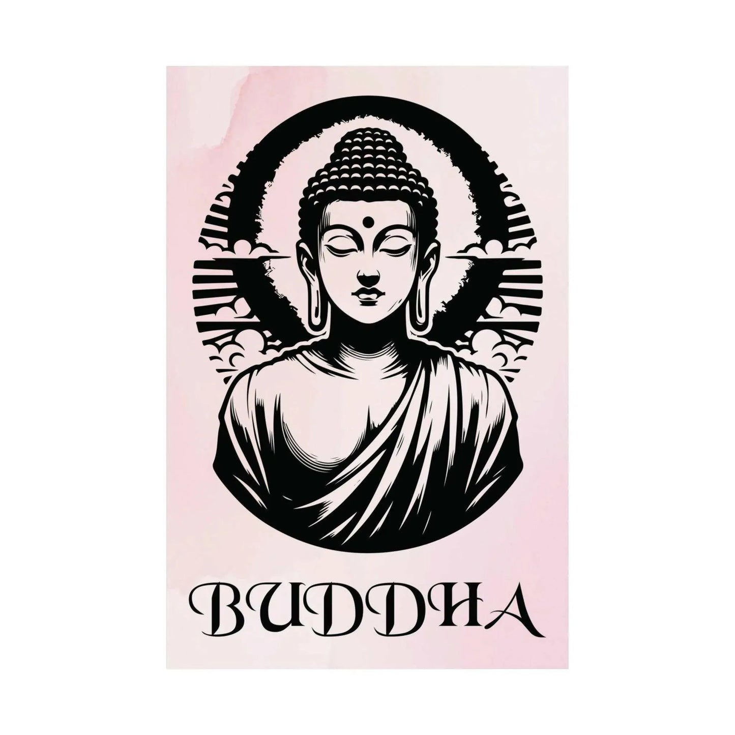 The Timeless Buddha Poster by Printify features a black and white illustration of Buddha, radiating spiritual serenity with a serene expression. The background is adorned with a halo and stylized clouds, while the word "Buddha" is elegantly inscribed below in an artistic font.