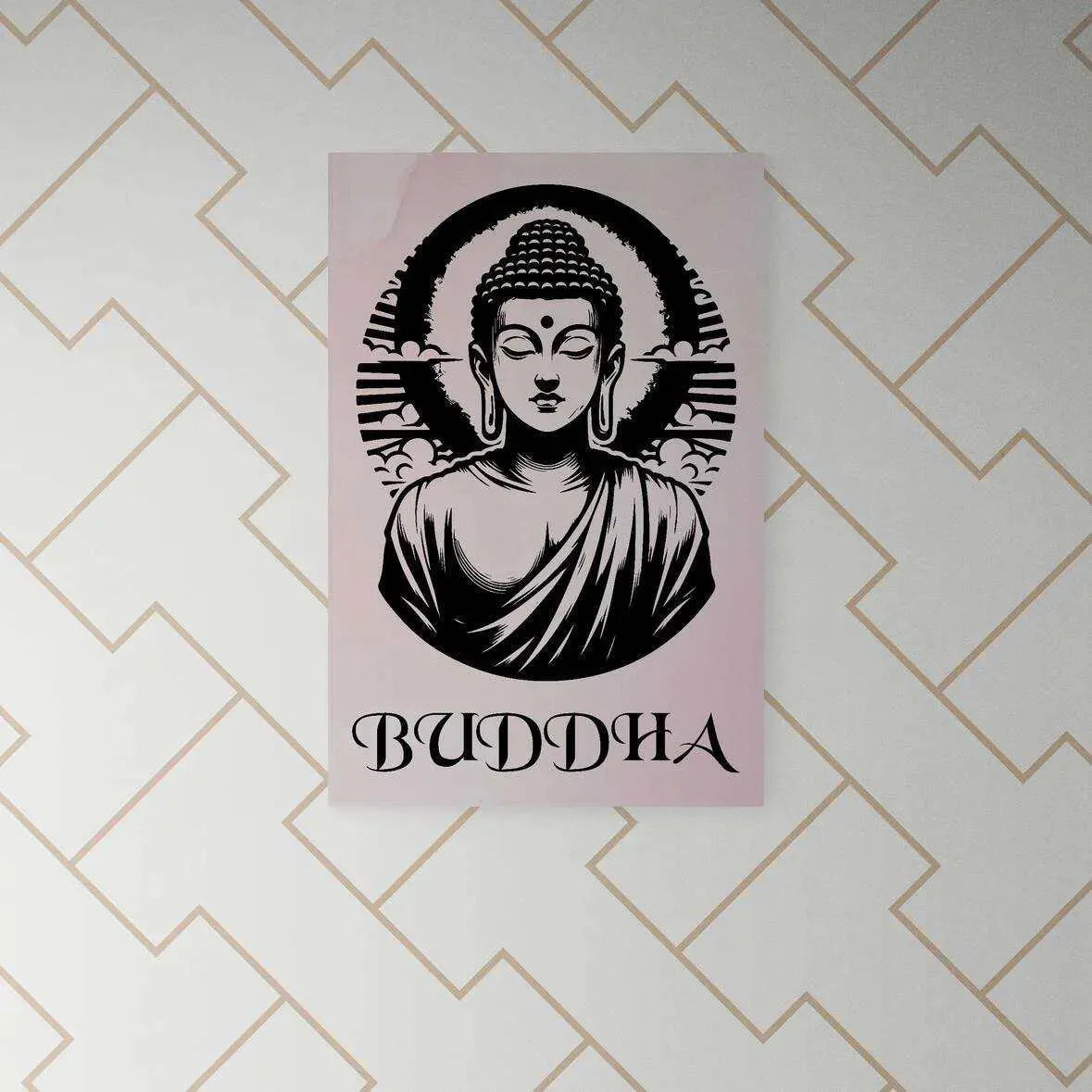 A Timeless Buddha Poster from Printify adorns the geometric-patterned wall, featuring a black-and-white illustration. The word "BUDDHA" appears beneath the tranquil figure, representing spiritual serenity with a halo around his head, exuding mindfulness in every detail.