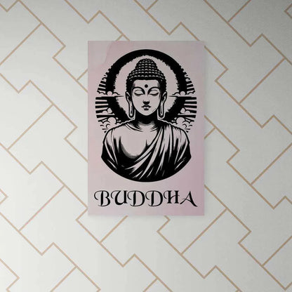 A Timeless Buddha Poster from Printify adorns the geometric-patterned wall, featuring a black-and-white illustration. The word "BUDDHA" appears beneath the tranquil figure, representing spiritual serenity with a halo around his head, exuding mindfulness in every detail.