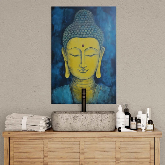 Elegant bathroom interior with stacked white towels, assorted skincare products, and a blue and gold Buddha head painting above a stone basin.