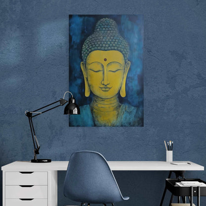 Home office setup with a black adjustable lamp on a white desk, a blue chair, and a blue and gold Buddha head painting on a textured blue wall.