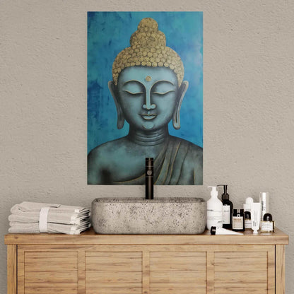 Stone countertop basin on a wooden vanity with folded towels and skincare products, under a blue and gold Buddha head painting.