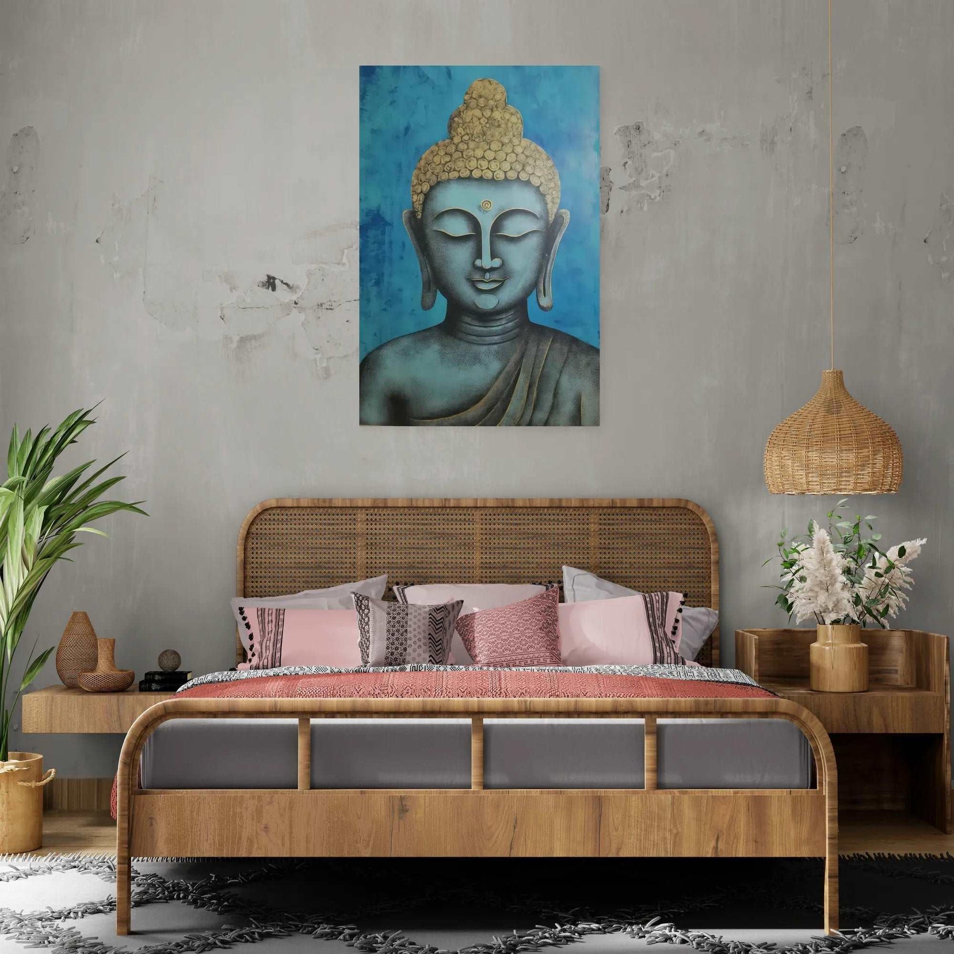 A cozy bedroom with rattan headboard and pink accents, illuminated by a pendant light, featuring a blue and gold Buddha head artwork.