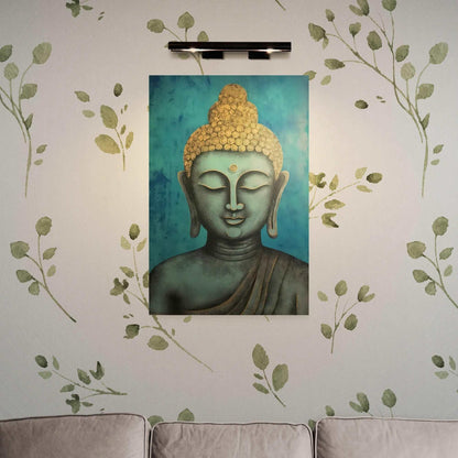 Comfortable living space with a gray sofa, green leafy wallpaper, and a blue and gold Buddha head painting illuminated by a sleek wall light.