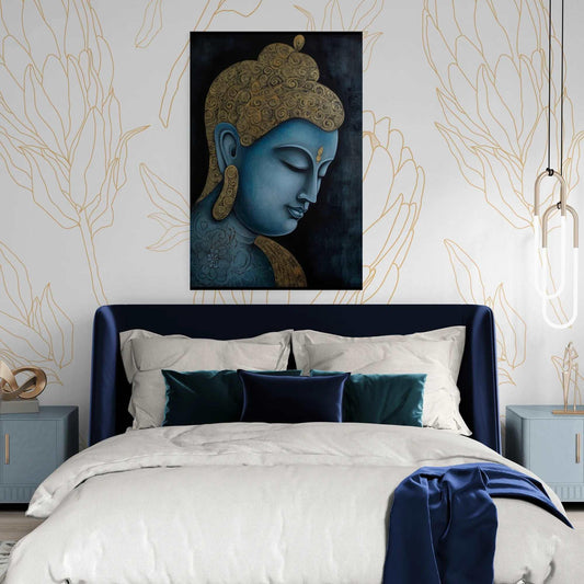 Sophisticated bedroom featuring a large blue and gold Buddha painting above the bed, with a decor of gold line art and modern lighting.